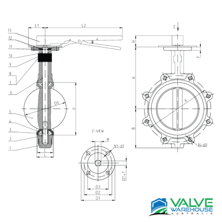 butterfly valve diagram lever wafer lug lugged ductile iron table specs